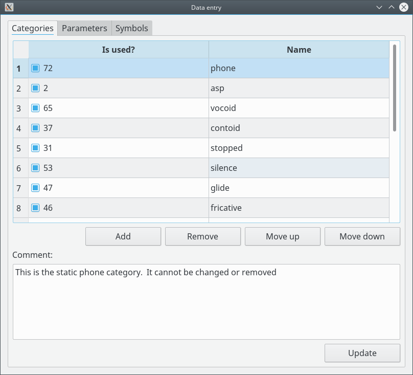 Screenshot of the data entry window - categories