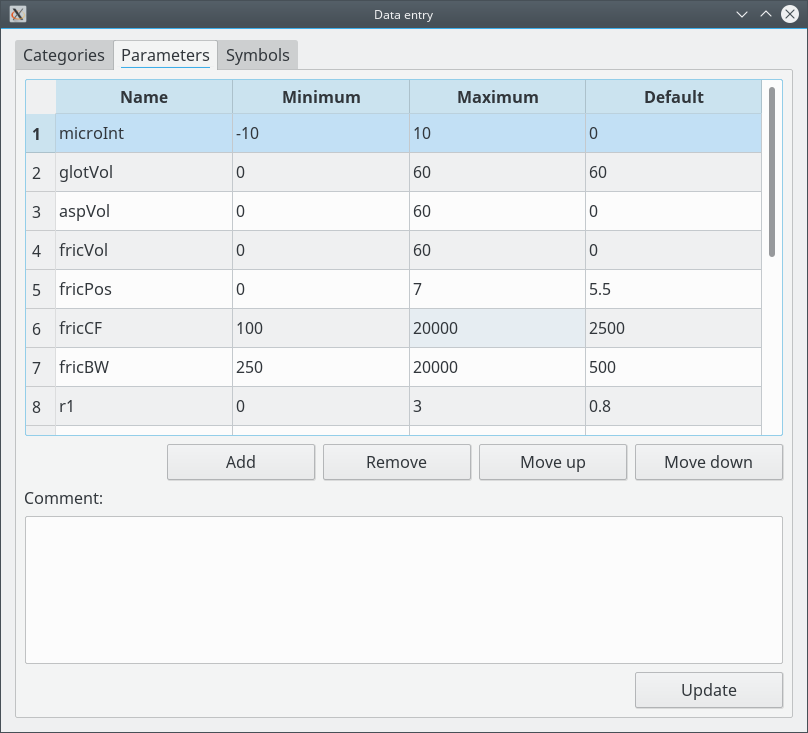 Screenshot of the data entry window - parameters