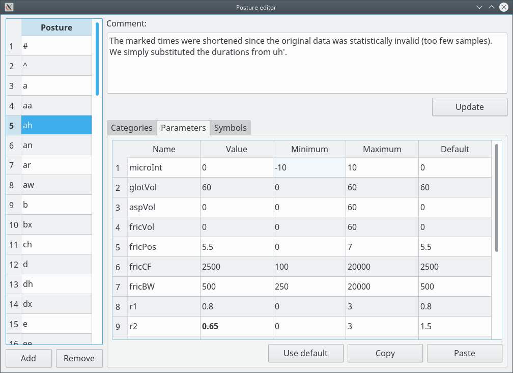 Screenshot of the posture editor - parameters